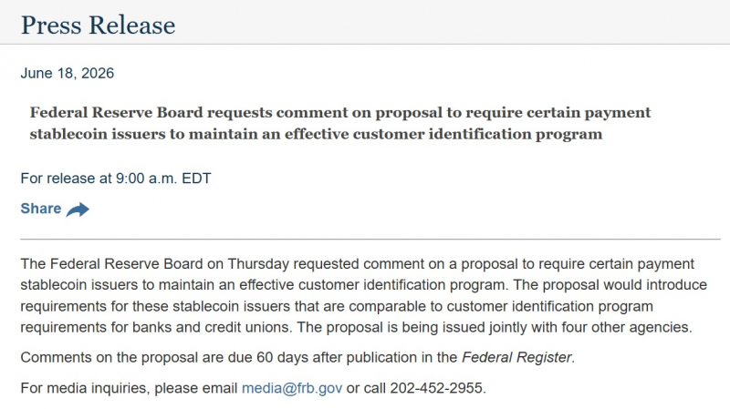 
			ФРС США предложила распространить требования KYC на стейблкоины		
