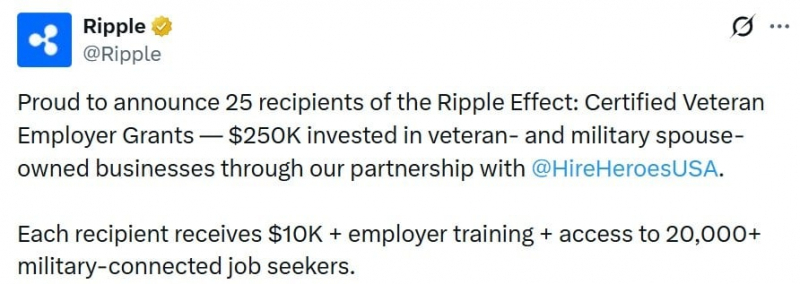 
			Компания Ripple выделяет 250 000 долларов 25 предприятиям, принадлежащим ветеранам, в рамках программы Hire Heroes USA		